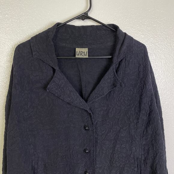 Uru Silk Top Womens Plus Black Floral Jacquard Gem Button Up Boxy Pockets USA - Picture 3 of 9